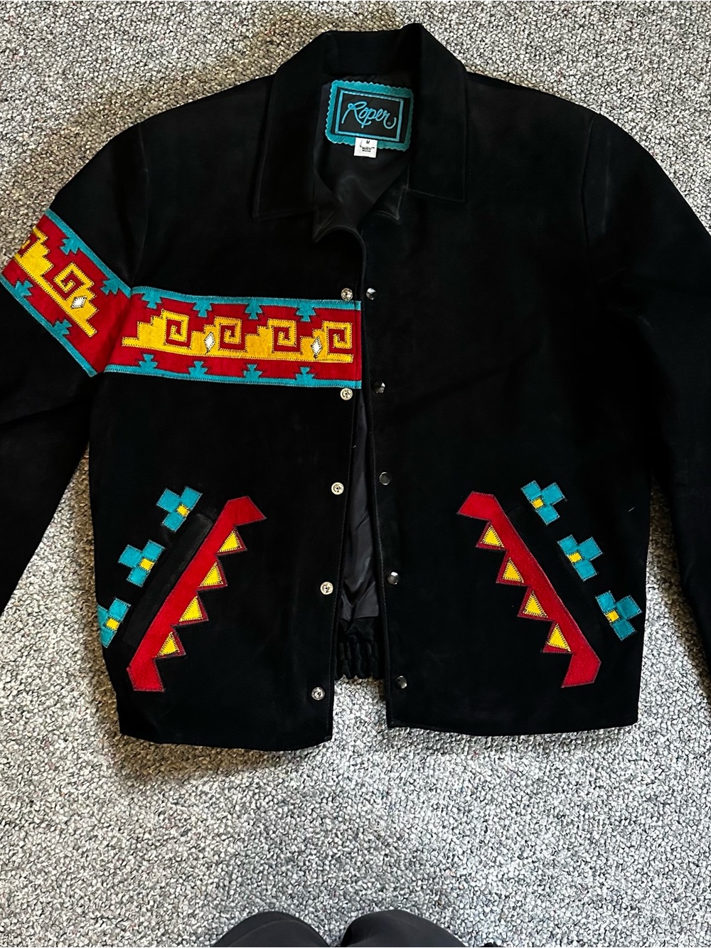Roper Black Suede Southwestern Embroidered Bomber Jacket - Black/Red/Teal/Yellow